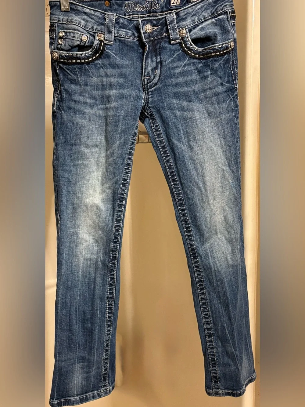Miss Me Blue Straight Leg Jeans with Sequin Pocket Accents